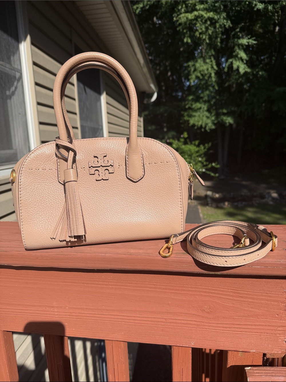 Tory Burch taupe Pebbled Leather Dome Satchel with Tassel
